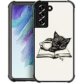 FKBRCL4U for Samsung Galaxy S22 Case, Cat Read Book Drink Coffee Pattern Graphic Design Girl Boy Soft Silicone Hard Acrylic Shock Protection for Samsung Galaxy S22