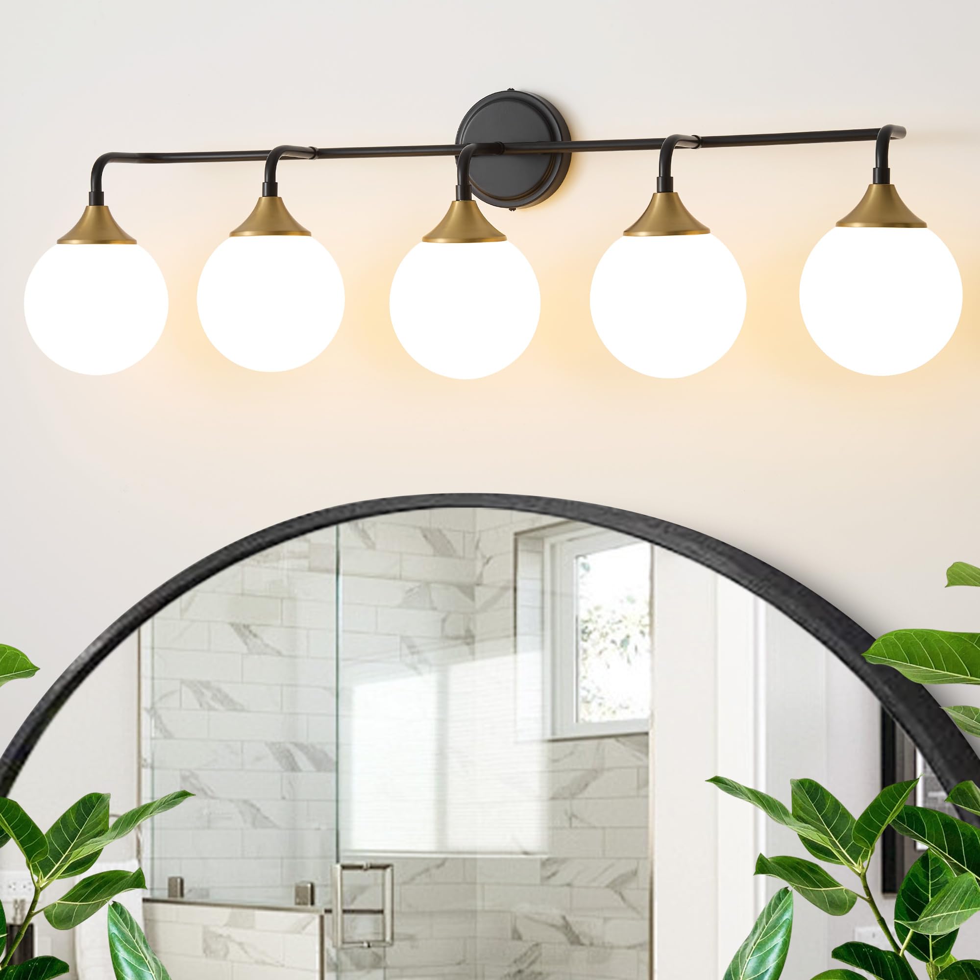 Photo 1 of Ritakcdn Black Gold Bathroom Light Fixtures, Modern Vanity Lighting Over Mirror, Mid Century Brushed Brass Wall Sconce 5-Light with Milky White Glass Ball Shades