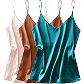Ekouaer 3 Pack: Womens Silk Satin Tank Top V Neck Camisole Cami Spaghetti Strap Top Loose Sleeveless Blouses Tank Shirt