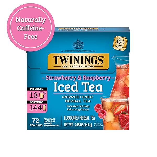 TWININGS STRAWBERRY & RASPBERRY HERBAL ICED TEA, 72 OVERSIZED TEA BAGS, MAKES 18 PITCHERS OR 144 SERVINGS, UNSWEETENED, NATURALLY CAFFEINE-FREE, 72 COUNT (PACK OF 1)