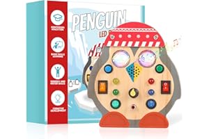 BICRET Montessori Busy Board for 1+ Year Old Baby Busy Board with Sound LED Light Switch Toy with Buttons to Push Wooden Sensory Board