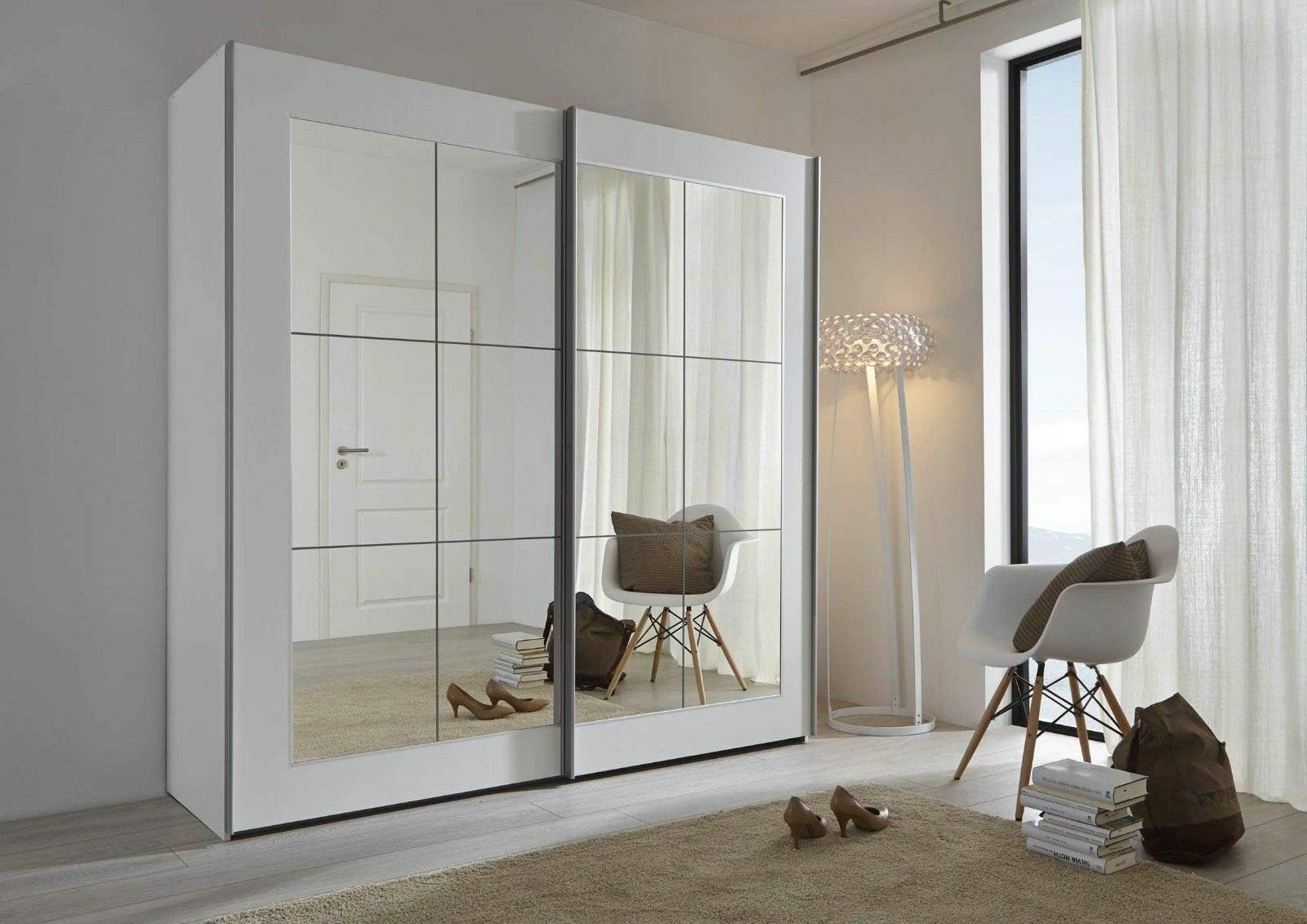 Schlafzimmer Lattice: White Sliding Door Wardrobe with Mirror - 202cm or 301cm Wide - German Made Bedroom Furniture (202cm Wide)