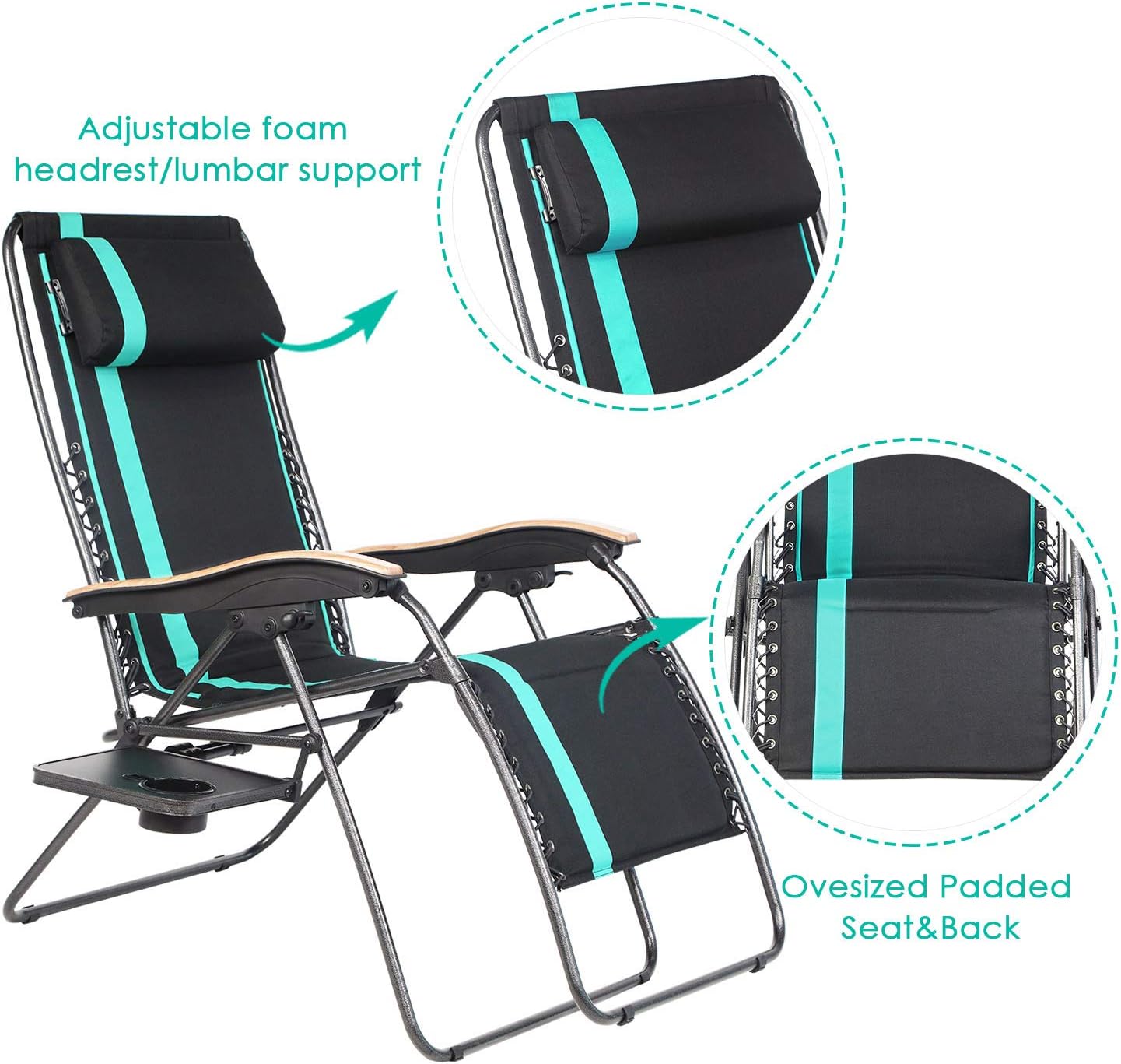 PORTAL Oversized Padded Zero Gravity Chair, XL Seat Adjustable Patio Lounge Recliner Chair with Lumbar Support Pillow and Side Table Support 350lbs: Kitchen & Dining