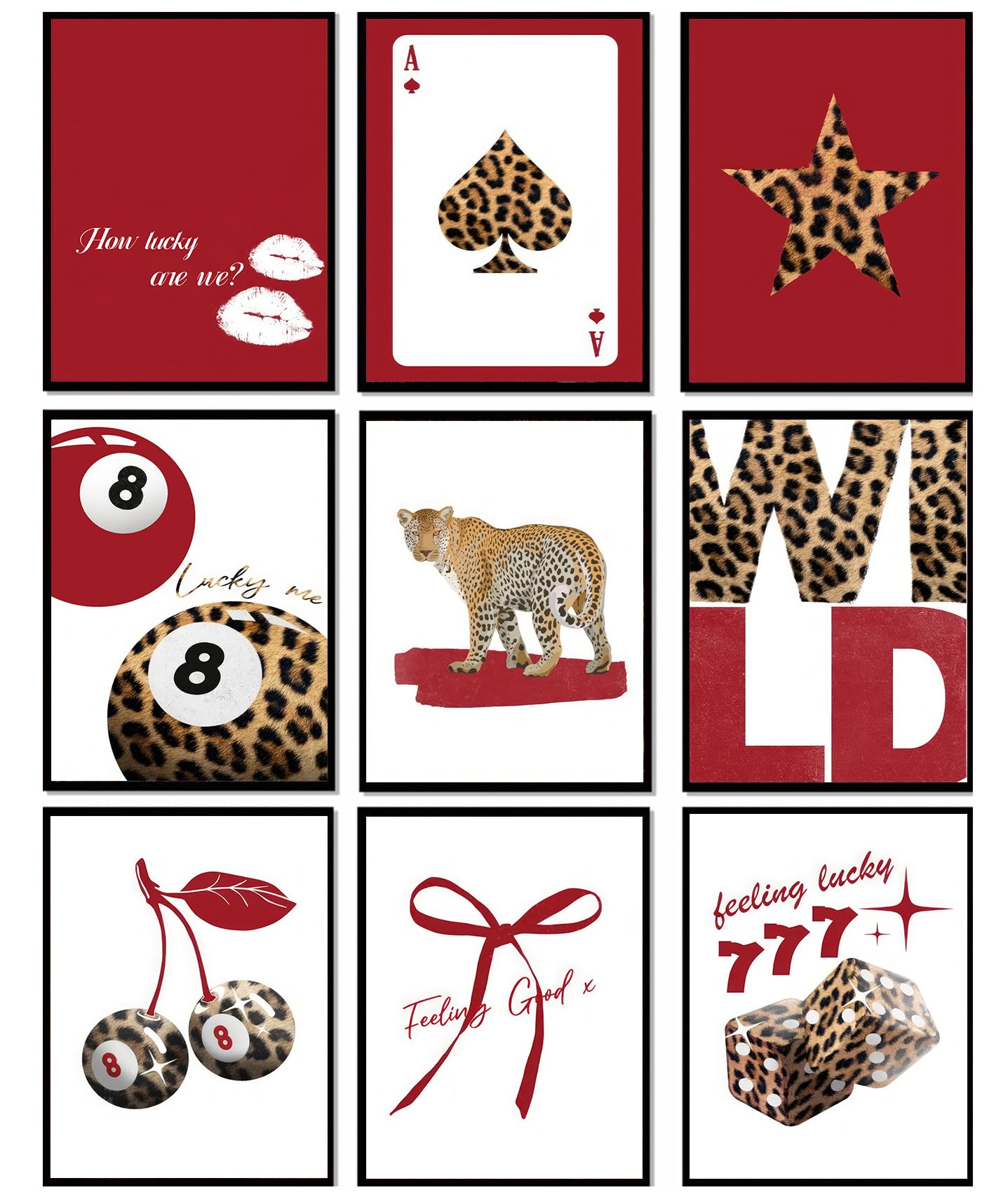 Photo 1 of 9Pcs Trendy Red Leopard Wall Art Prints Funky Lucky 8 Ball Posters Preppy Cheetah Aesthetic Wall Decor Pictures Girly Bedroom Apartment Dorm Unframed 8x10in