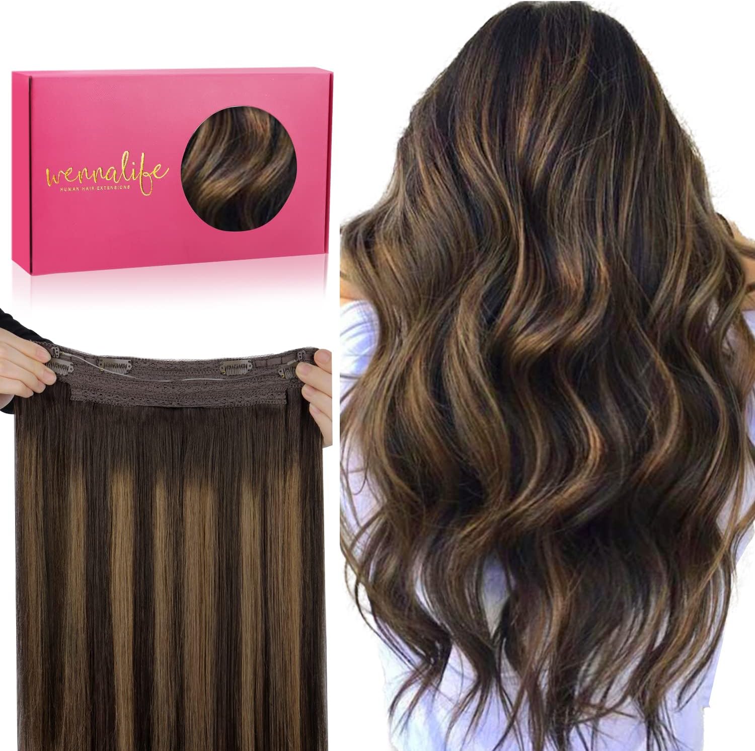 WENNALIFE Wire Hair Extensions (Increase 50% Lifespan) Real Human Hair 14 inch 75g Balayage Dark Brown to Chestnut Remy Invisible Transparent Fish Line