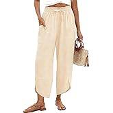 LOMON Women Linen Palazzo Pants Boho Wide Leg Elastic Waisted Casual Capri Pant Summer Harem Lounge with Pockets