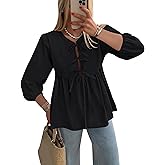 Yesfashion Womens Puff Sleeve Peplum Blouses Tie Front Elegant Tunic Tops Elastic Waist Business Casual Pleated Shirts