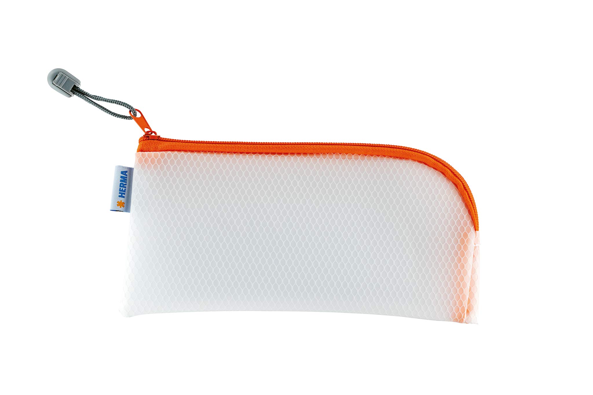 HERMA 20006 Zip Cosmetic Bag, transparent (23 x 11 cm) small zippered travel pouch for mobile phone, charging cable, cosmetics, pens, keys, clear toiletry bag with zipper in orange