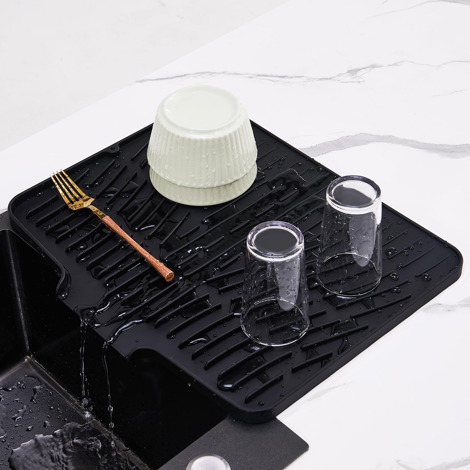 Photo 1 of Silicone Dish Drying Mat for Kitchen Counter,Non-Slip Dish Drying Pad with Drain Lip,Heat Resistant Sink drying Mat for Dishes,Large Rubber dish drain mat dish rack mat (Black,15.8"x13")