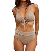 ZAFUL Bikini Sets for Women String 2 Piece Swimsuits High Waisted Bathing Suit V Neck Cut Out Swimwear