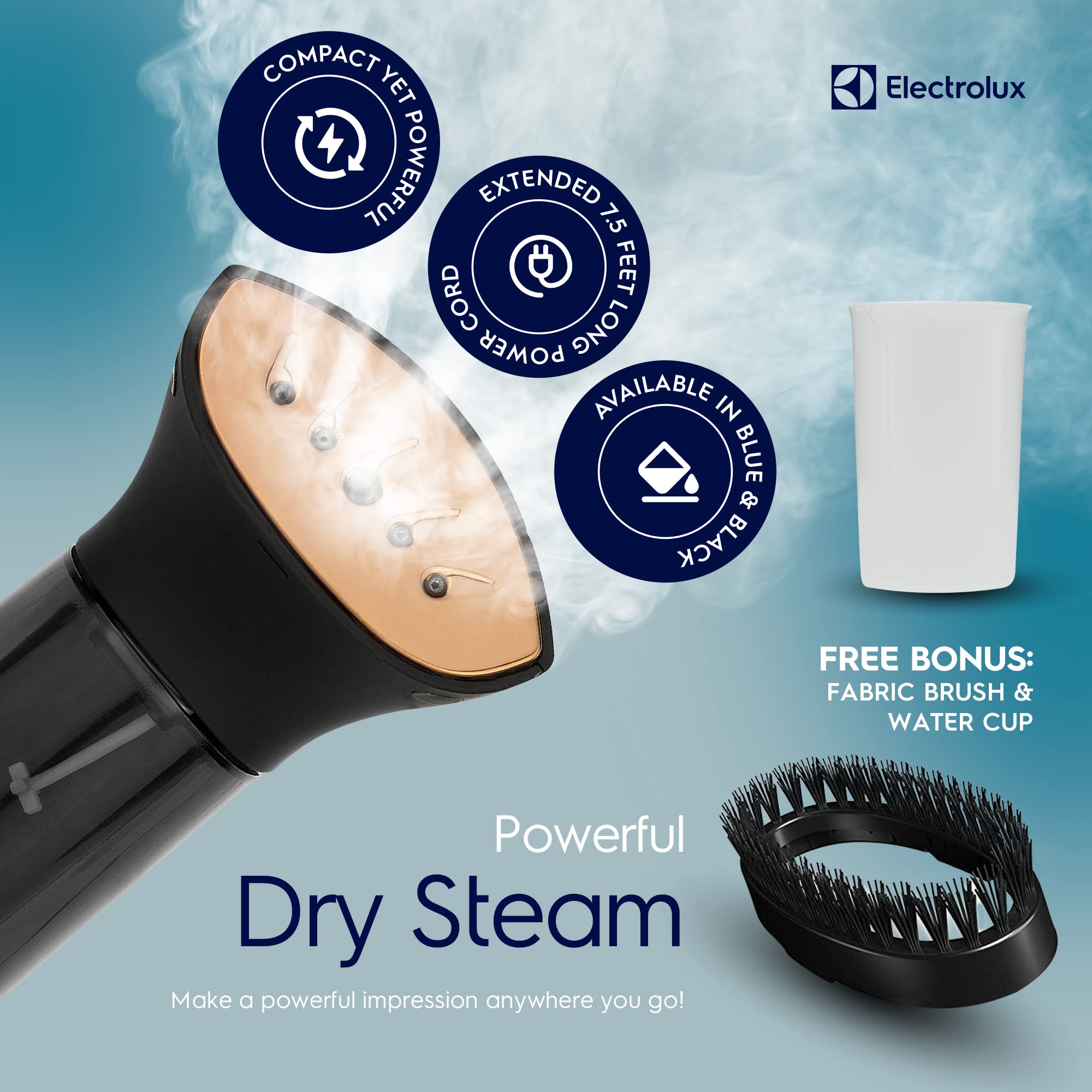 Electrolux Travel Compact Steamer, Mini Steamer and Iron for Clothes Travel Size, Portable Hand Held Clothing and Garment Steamer, Dry Steam, Portable 2 in 1 Fabric Wrinkle Remover, with Fabric Brush
