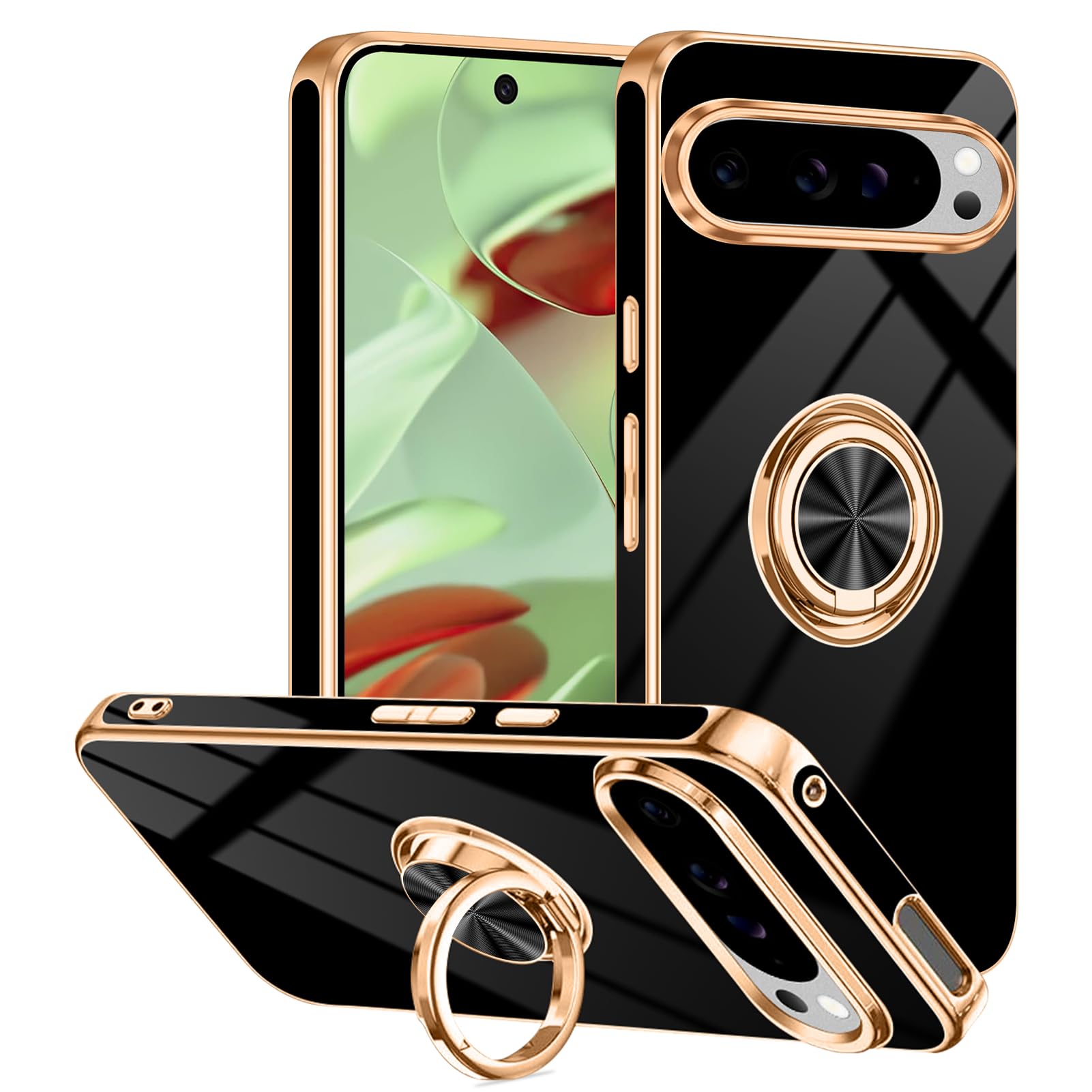 Tnarru Designed for Google Pixel 9/Pixel 9 Pro Case with Ring Stand, Support Magnetic Car Mount Rotating Finger Holder Soft TPU Cover Plating Edge Slim Phone Case for Pixel 9/9 Pro 5G Black