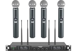 Phenyx Pro Wireless Microphone System, Quad Channel Wireless Mic, w/ 4x40 UHF Frequencies, Auto Scan, 328ft Long Range, 4 Handheld Dynamic Microphone for Singing, Church, Karaoke (PTU-7000-4H)