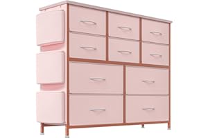 Dresser Chest with10-Drawer Side Pockets & Hooks, Sturdy Steel Frame & Wood Top, No-Tool Assembly Pink Dresser Organizer for 