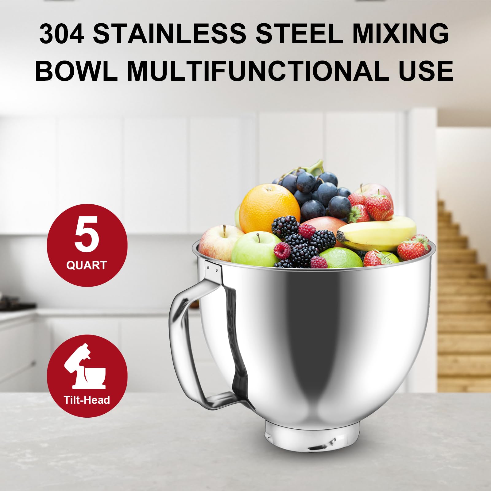 Stainless Steel Bowl for KitchenAid 4.5-5QT Tilt-Head Stand Mixer, 5 Quart Mixer Bowl for Kitchen Aid Classic&Artisan Series with Handle, Dishwasher Safe