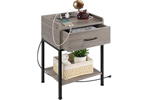 Nightstand, End Table with Charging Station 2-Tier Side Table with Drawer and Storage Shelf, Rustic Bedside Night Stand for B