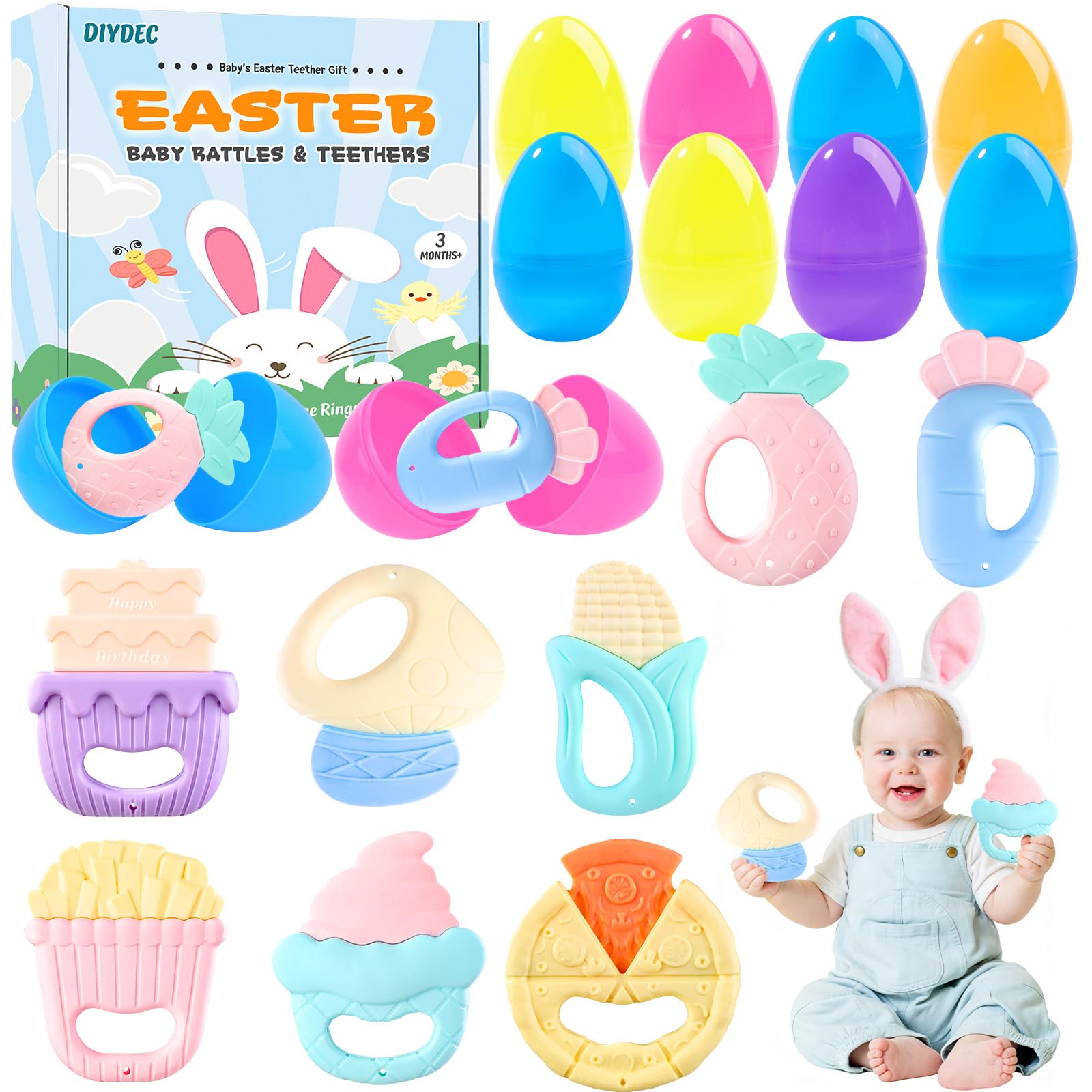 DIYDEC 8PCS Prefilled with Easter Eggs Teething Toys, Baby Rattles Teether Toys Party Favors for Kids Silicone Shaker Sensory Toys for Boy Girl Easter Basket Stuffer Supplies Ages 3+ Months