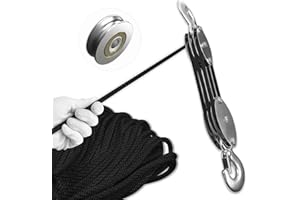 SALIFTFE Block and Tackle Pulley System, Upgraded 3-Wheel Rope Pulley Hoist, 5:1 Lifting Power, 1100LB Work Load with 55Ft of 1/4" Rope, Ultra-Compact Rope Hoist for Garage, Hunting, and Heavy Lifting