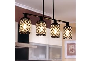 KPIOK Dining Room Light Fixture Over Table,4-Light Island Lights for Kitchen,Black Pendant Lights Kitchen lsland Lighting,The Linear Chandelier with K9 Crystal and Black Grids Shade