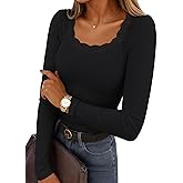 IWD Womens Long Sleeve Tops Casual Slim Fit T-Shirt Lace Crew Neck Ribbed Knit Shirts 2025 Fall Trendy Going Out Basic Tee