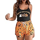 RUEWEY Women 2Pc Pajamas Set Pumpkin Print Lettuce Trim Cami and Shorts Sleepwear