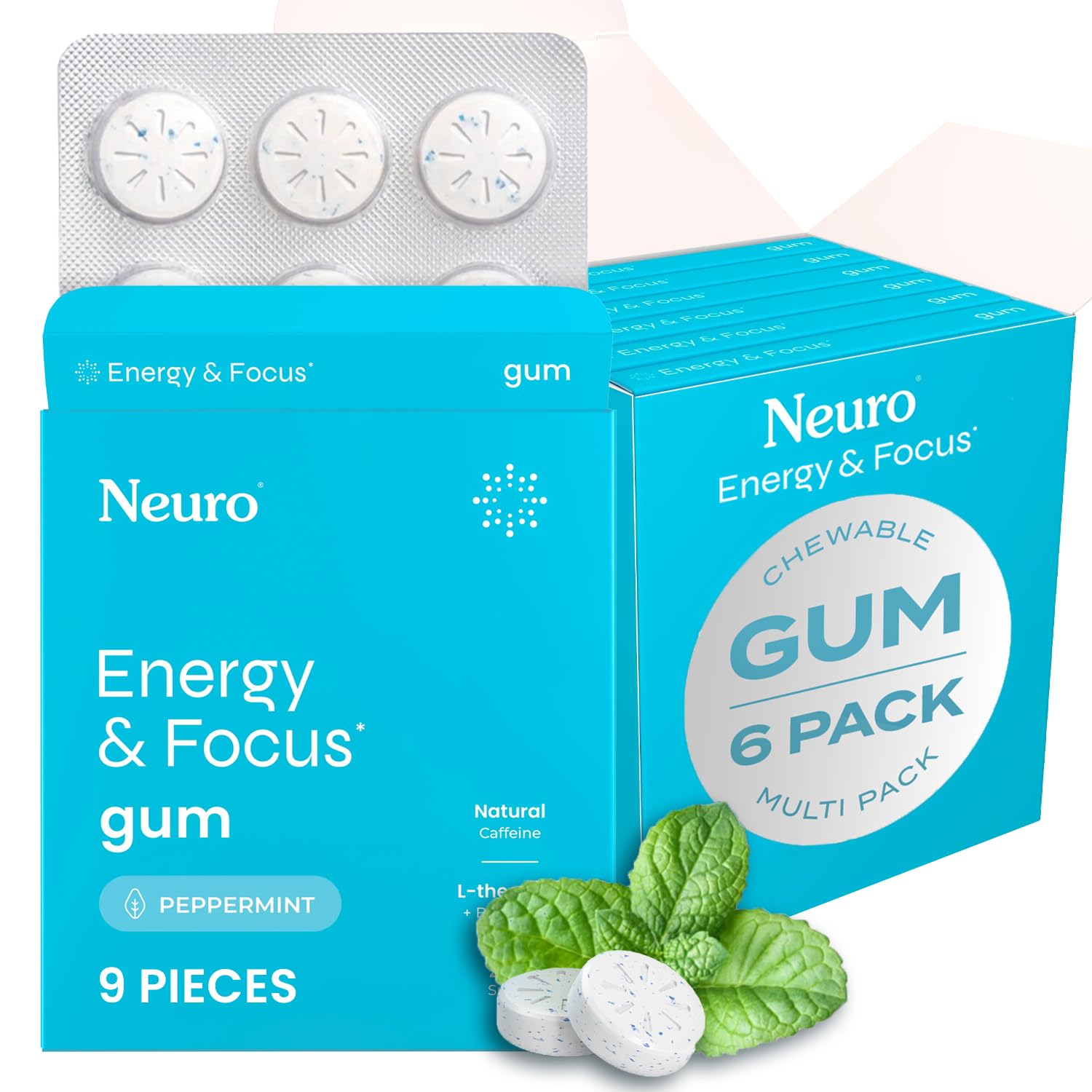 NeuroGum Energy & Focus Gum (54 Count-6 Pack, Peppermint) | 40mg Natural Caffeine + L-Theanine + Vitamin B12 & B6 + Xylitol | Sugar Free Nootropic Cognitive Brain Performance Supplement