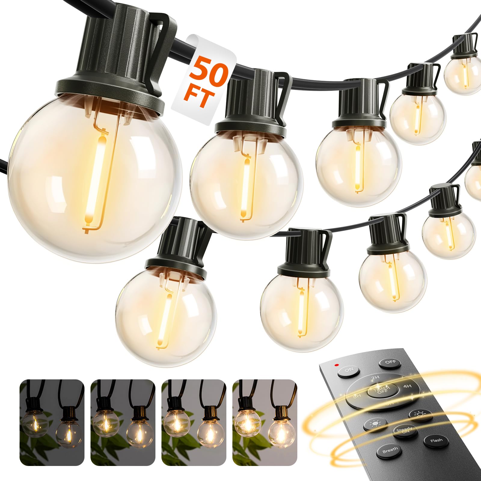 addlon Outdoor String Lights 50FT G40 with Remote, 27 LED Shatterproof Bulbs, Dimmable Patio Globe Lights Waterproof, Hanging Outside Lighting for Backyard, Garden, Deck, Balcony, Porch, Café, Decor Image