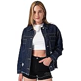roswear Women's Denim Jacket Oversized Long Sleeve Shacket Shirts Distressed Jean Jackets Fall Outfits