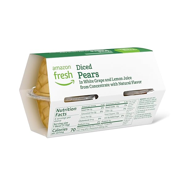 AMAZON FRESH, DICED PEARS IN WHITE GRAPE AND LEMON JUICE, 4 OZ BOWLS (PACK OF 4) (PREVIOUSLY HAPPY BELLY, PACKAGING MAY VARY)