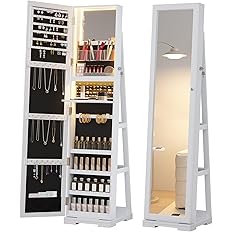 jajov LED Jewelry Armoire with Full Length Mirror, Lockable Mirror with Storage with 3 Color Lights, 360° Swivel Jewelry Cabinet for Christmas Gift (Pure White)