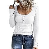 KINLONSAIR Women’s Long Sleeve Henley T Shirts Button Down Slim Fit Tops Scoop Neck Ribbed Knit Shirts
