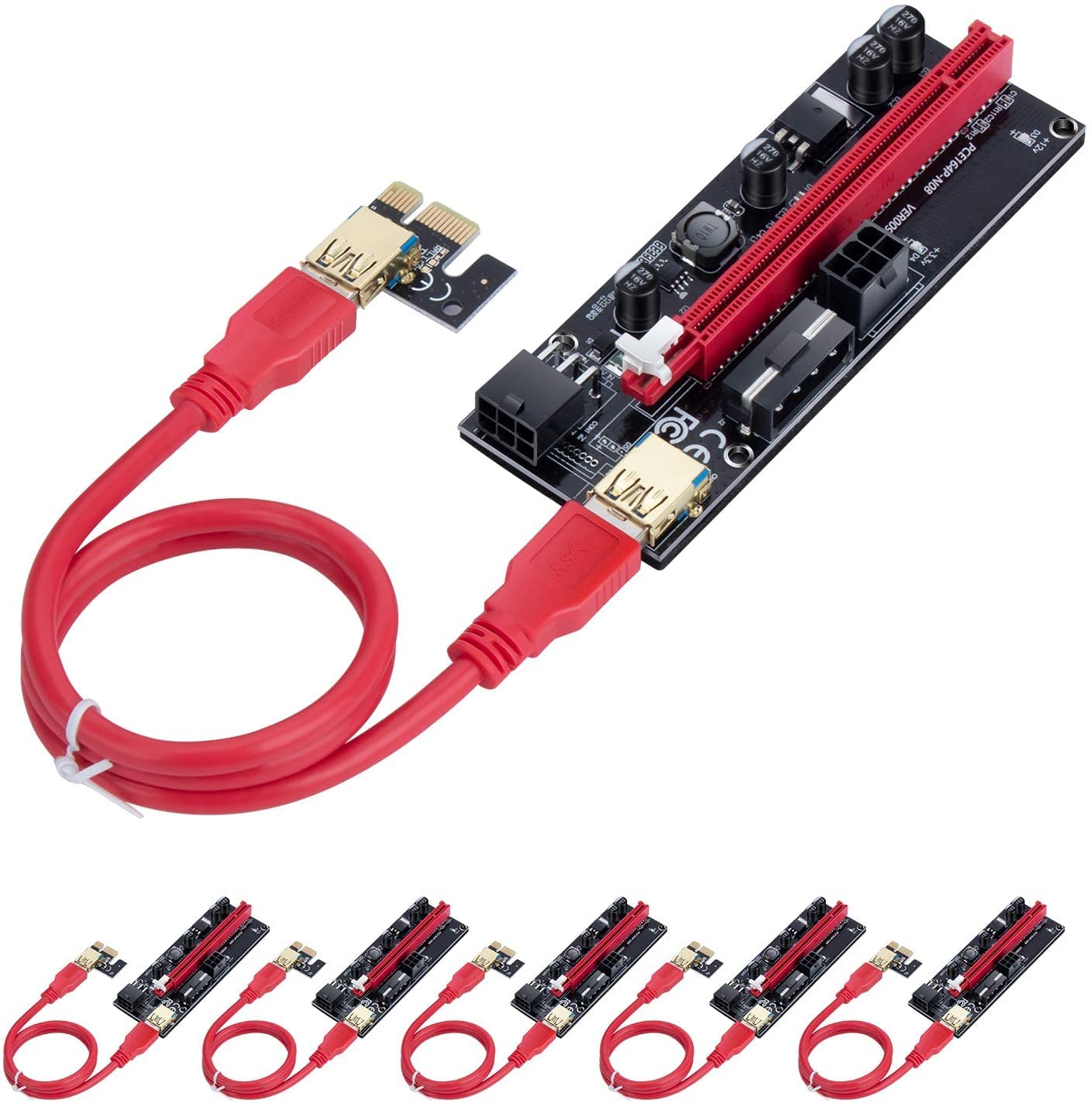 HONEYWHALE 6-Pack Newest PCIE Riser VER009S PCI-E Adapter PCIe 1x to 16x USB 3.0 Data Cable for Filecoin Ethereum Bitcoin Crypto Currency Mining (6-Pack)