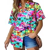 Hawaiian Shirts for Women Plus Size: Cool Summer Luau Shirt Hawaii Tropical V Neck Button up Tops