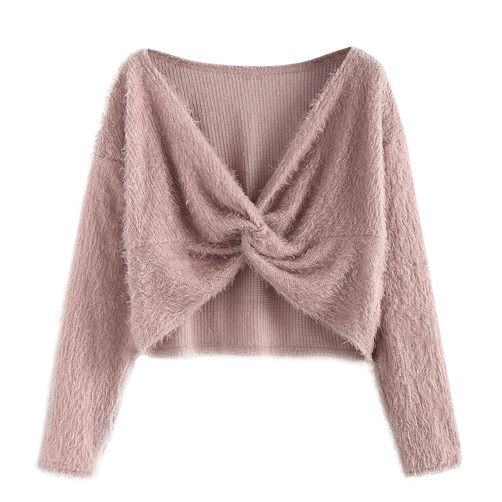 Women's Criss-Cross Lace Up Bell Sleeve Pullover Knitted Sweater Tops - Red Brown - CA12N1YJ0CT