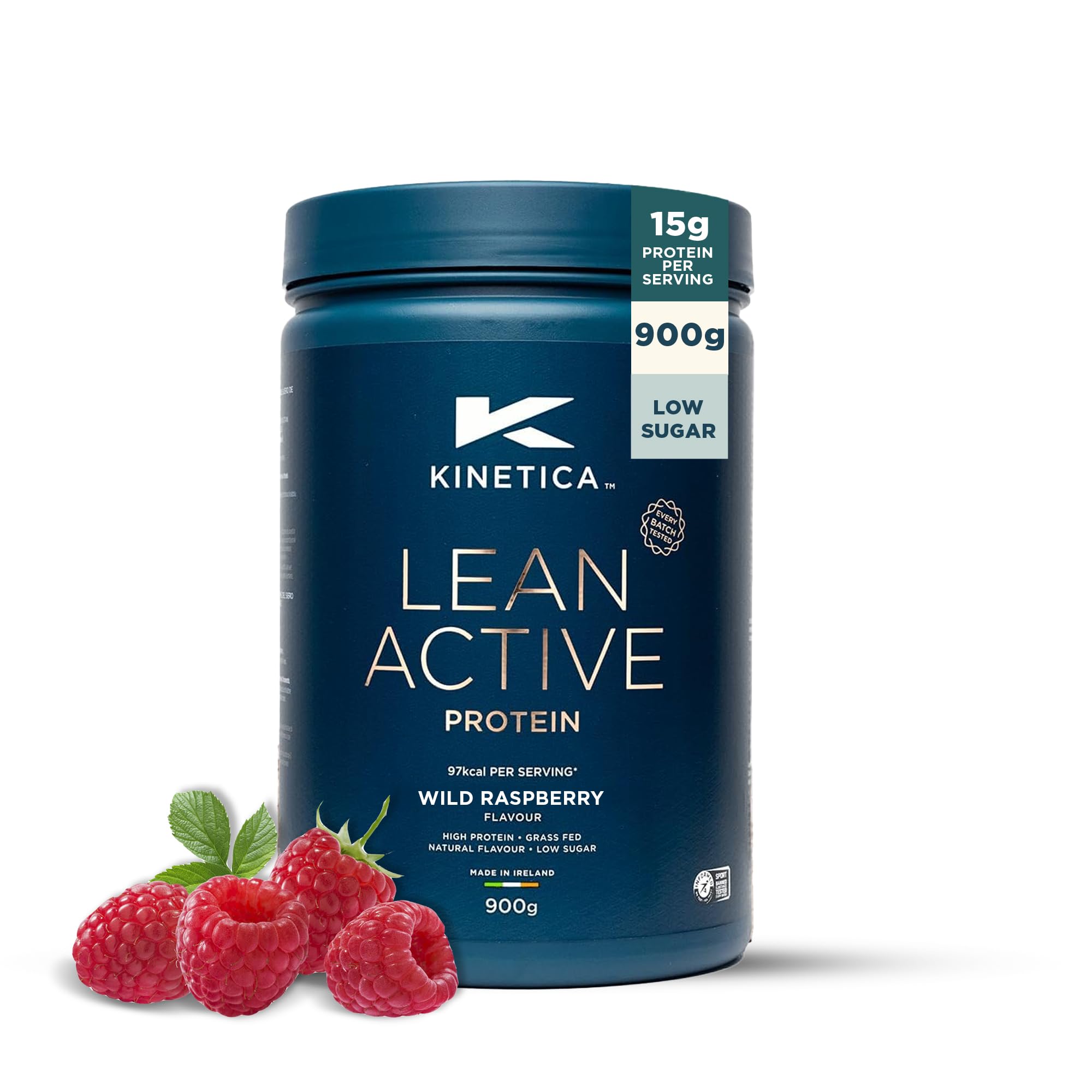 Kinetica Sports Lean Active Protein Powder - Wild Raspberry Flavour | 16g Protein/Serve, 36 Servings/900g Pack | High in Fibre & Protein with Green Tea Extract | Low in Fat & Sugar | Easy Mixability