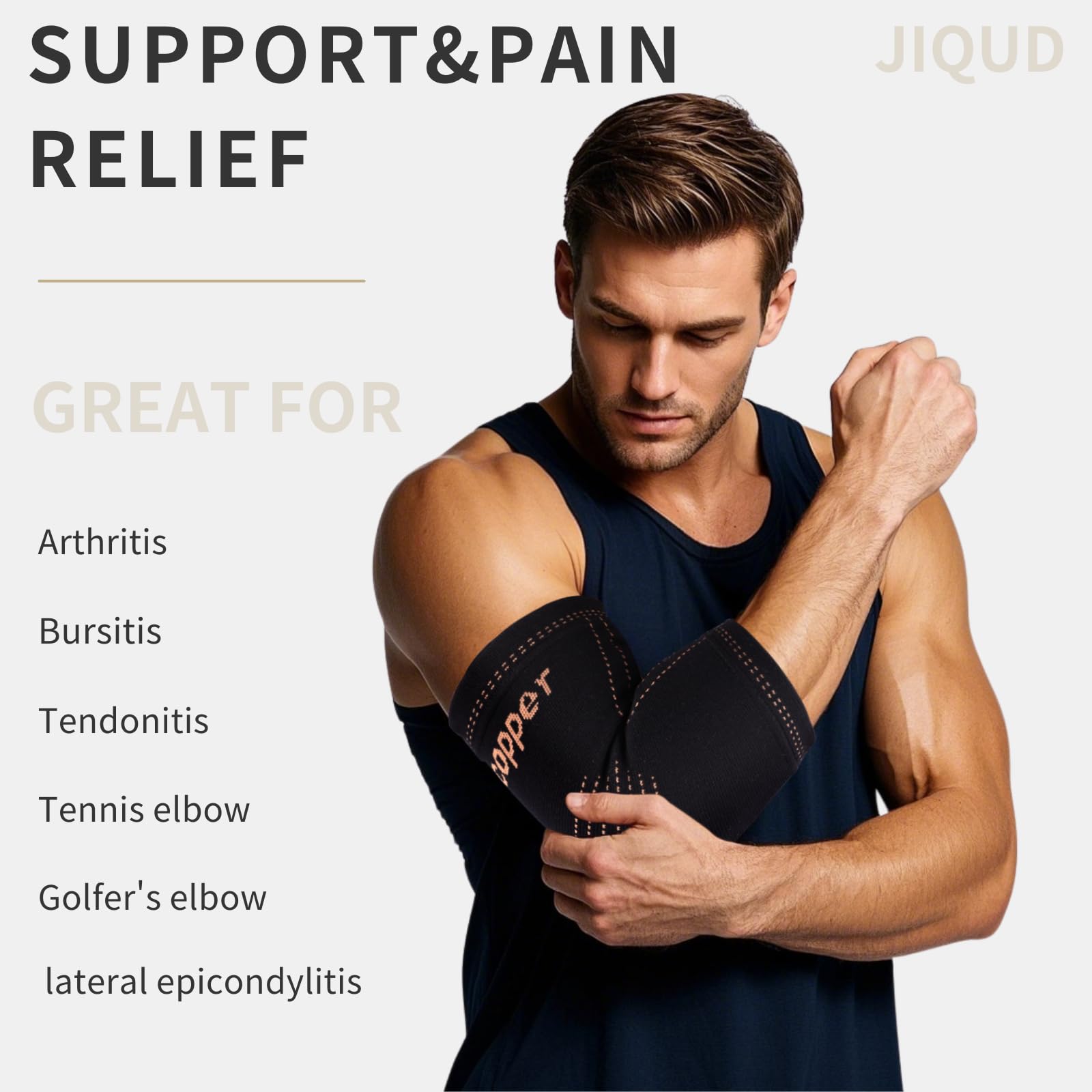 JIQUD Elbow Brace for Tendonitis and Tennis Elbow for Women,Copper Elbow Compression Sleeve for Golfers Elbow Pain Relief | Arm Support Fit for Men Weight lifting Workouts, Recovery, Arthritis