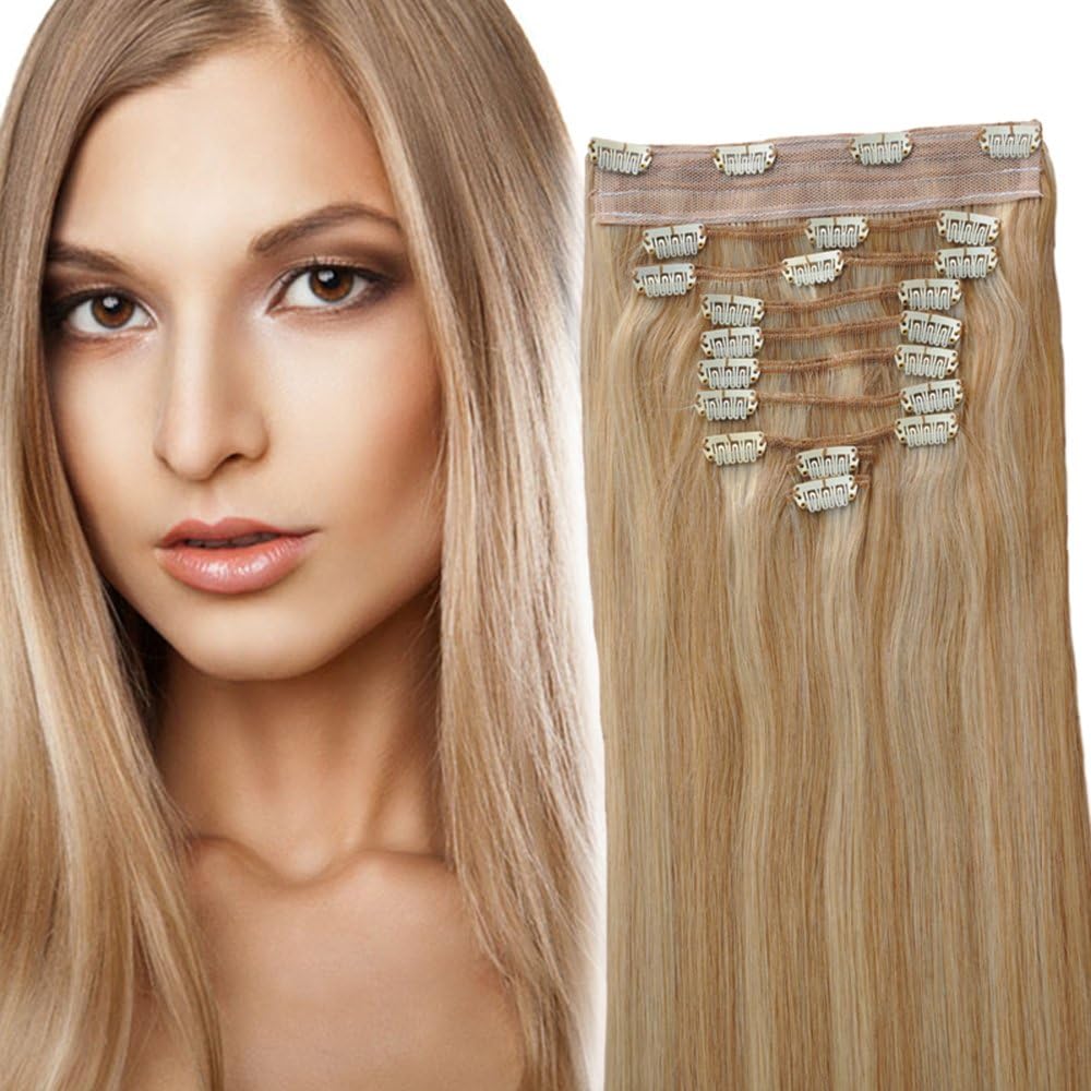 YONNA Clip In Sets 10Pcs Clip In Human Hair Extensions Ash Blonde with Medium Blonde #P18/22 Remy Human Hair Straight For Full Head 14inch 100grams