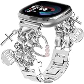REALSIGN Stylish Metal Wristband Compatible with Fitbit Versa 4/Versa 3 Bands/Sense 2/Sense Band,Cute Strap with Love Cross Unique Pendants Chain Charms Bracelet for Women