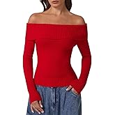 QINSEN Cotton Off The Shoulder Sweater for Women Long Sleeve Ribbed Knit Pullover Sweater Slim Fit Going Out Tops