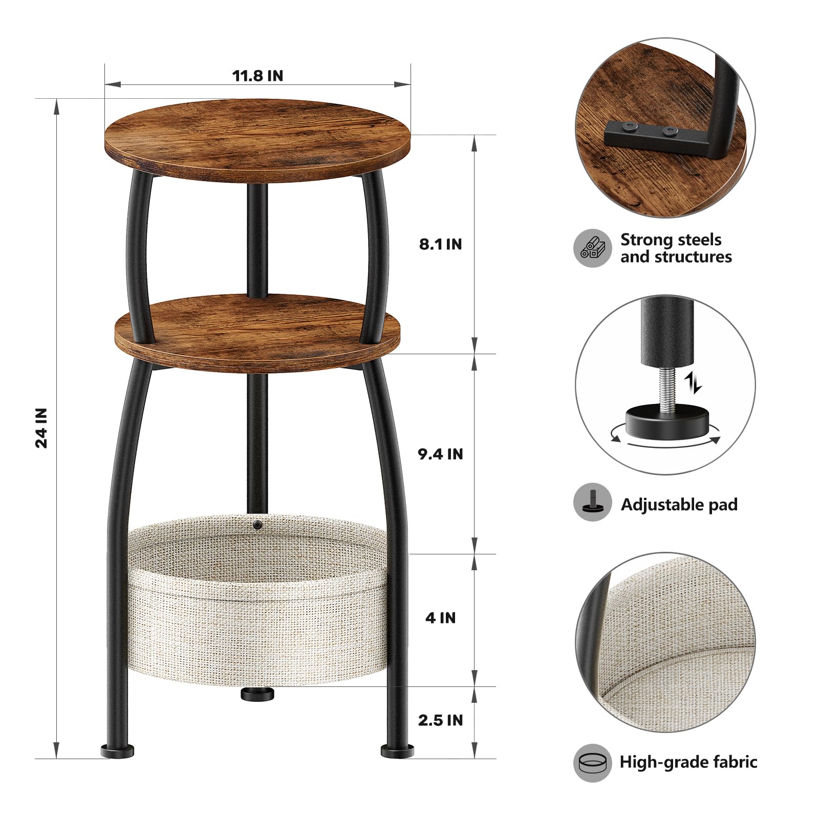 Yuede Round Side Table for Small Spaces with Storage Basket –Small End Table 3-Tier Night Stand Sofa Corner Table for Living Room, Bedroom, Patio and More 24in Tall Rustic Brown