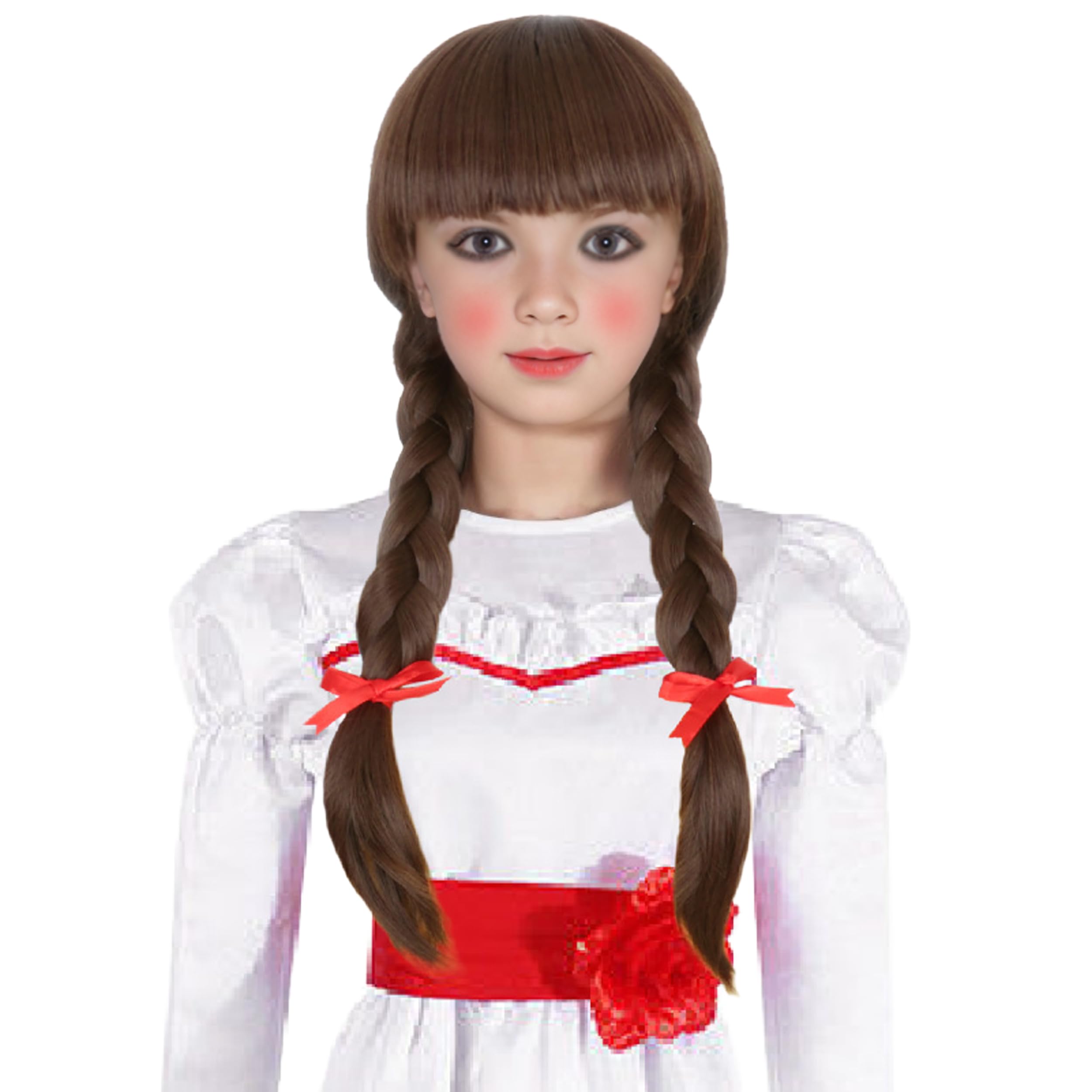 Photo 1 of Koonfan Horror Doll Cosplay Style Wig for Girls Kids Long Brown Braid Hair with Red Bows