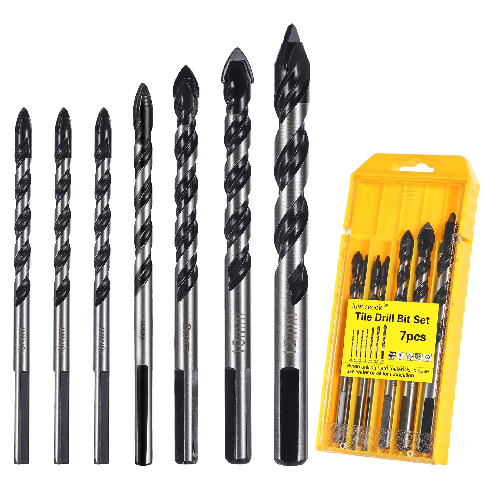 luwiscook 7PCS Tile Drill Bits Set 6/6/6/7/8/10/12mm, Masonry Drill Bit for Porcelain Ceramic Tile, Concrete, Brick Wall, Glass, Plastic, Cement and Wood, Industrial Strength Carbide Drill Bits Set