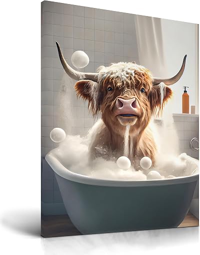 UPWOIGH Highland Cow Wall Art 12x16in Waterproof Wood Framed Canvas Bath Decor
