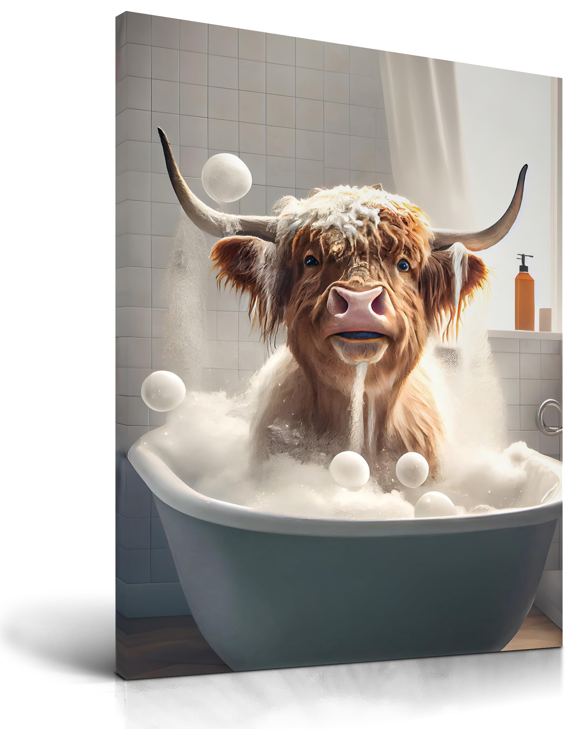 UPWOIGH Funny Bathroom Wall Art Decor,Highland Cow Wall Art, Waterproof Wood Framed Canvas Wall Art Bathing Animals Humor Abstract Prints, 12x16in High-end Pictures for Bedroom Kids Room 1 Pack
