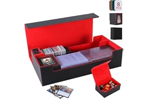 STEPANE Trading Card Storage Box, 2200+ MTG Deck Box Magnetic Closure Commander Deck Box, Holds 5 Small Deck Boxes, Includes 1 Random-Color Small Box, 8 Dividers, 1 Foam Stopper, 1 Toploader, Black/Red