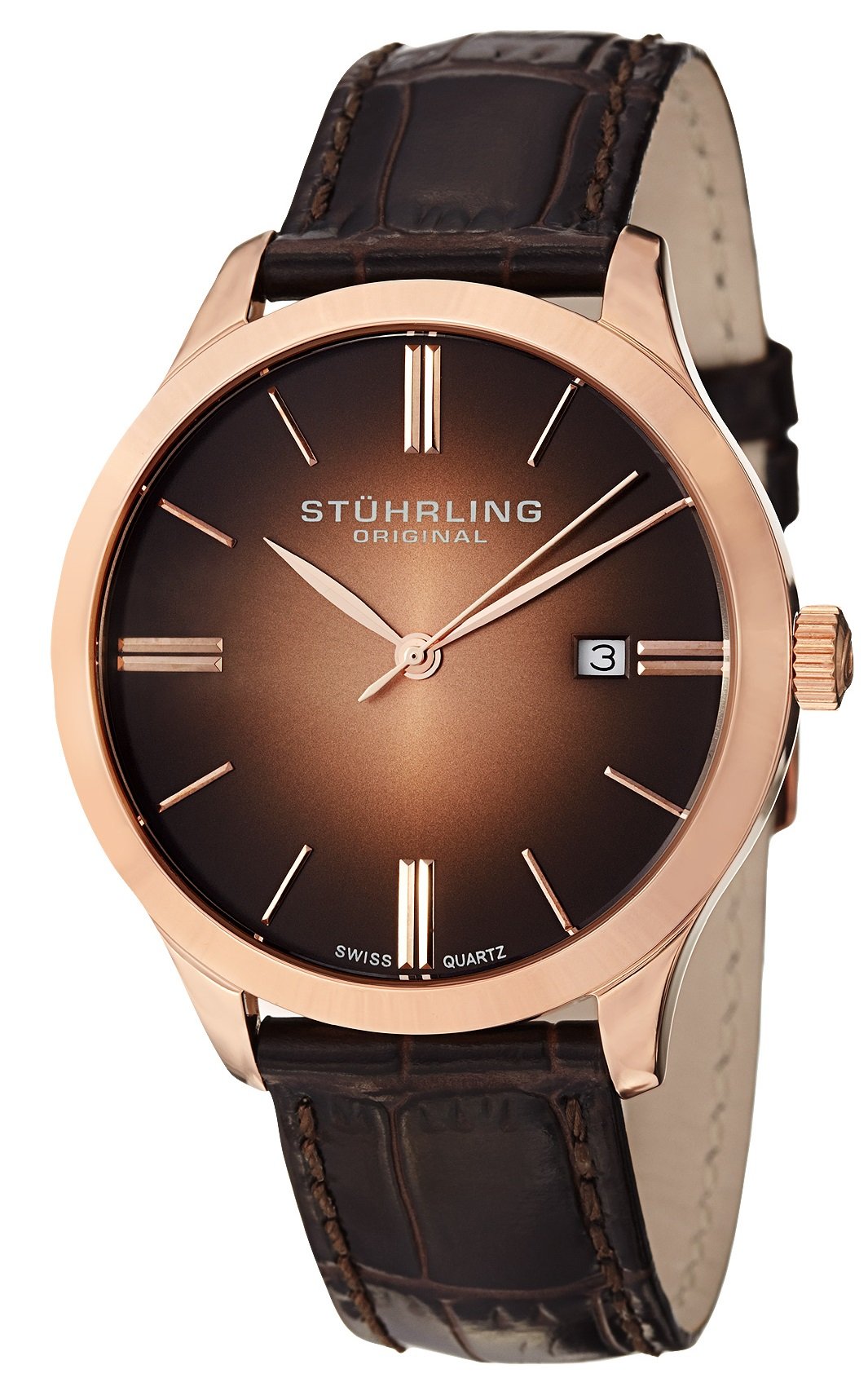 Stuhrling Original Classic Cuvette II Men's Quartz Watch with Brown Dial Analogue Display and Brown Leather Strap 490.3345K14