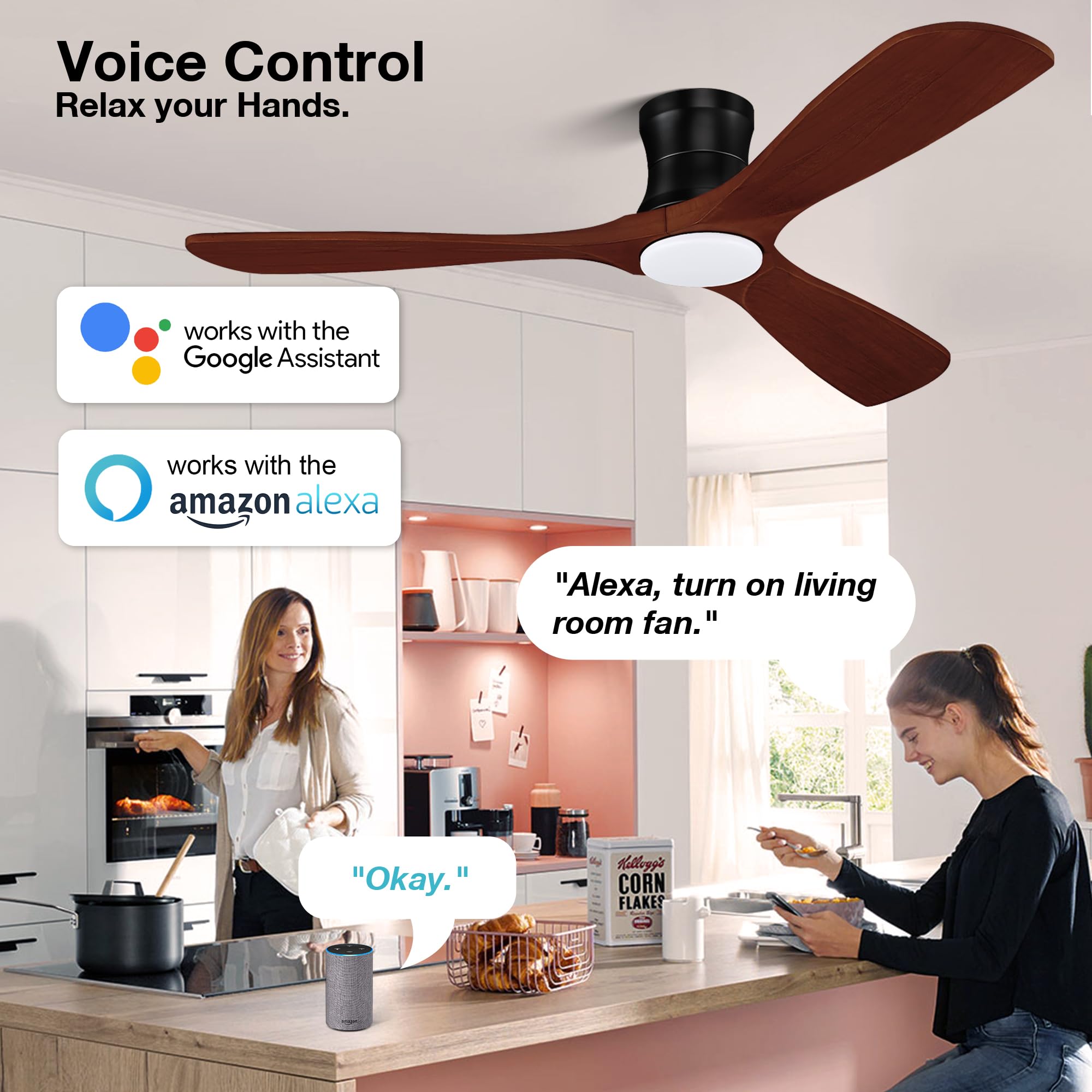 Hoenofly 52” Smart Wood Flush Mount Ceiling Fans with Lights Remote,Quiet DC Motor,Outdoor Indoor Low Profile Ceiling Fan,Voice WIFI Alexa App Control,Dimmable,6-speed,for Modern Bedroom Patio