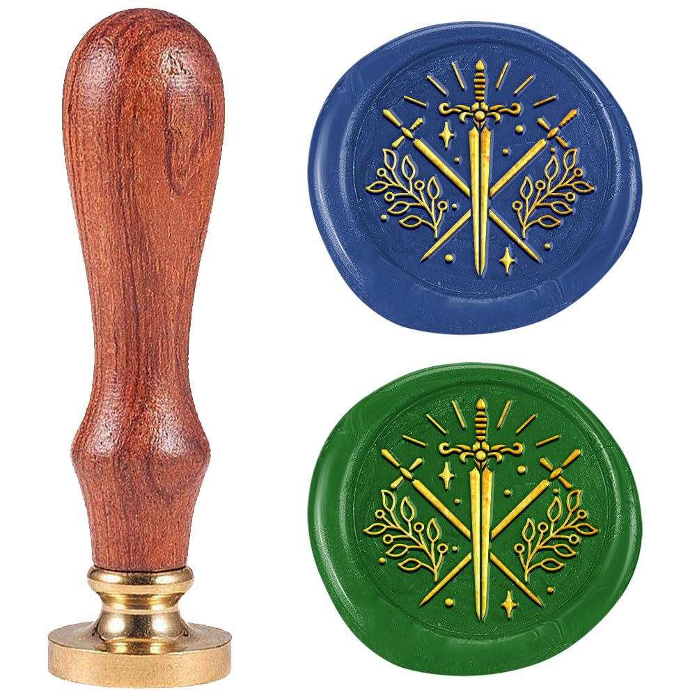 DELORIGIN Sword Wax Seal Stamp Removable 1" Brass Sealing Wax Stamp Head with Wooden Handle Vintage Embossed Stamp for Envelope Greeting Card Letter Wedding Invitations Wine Gift Wrapping Decor