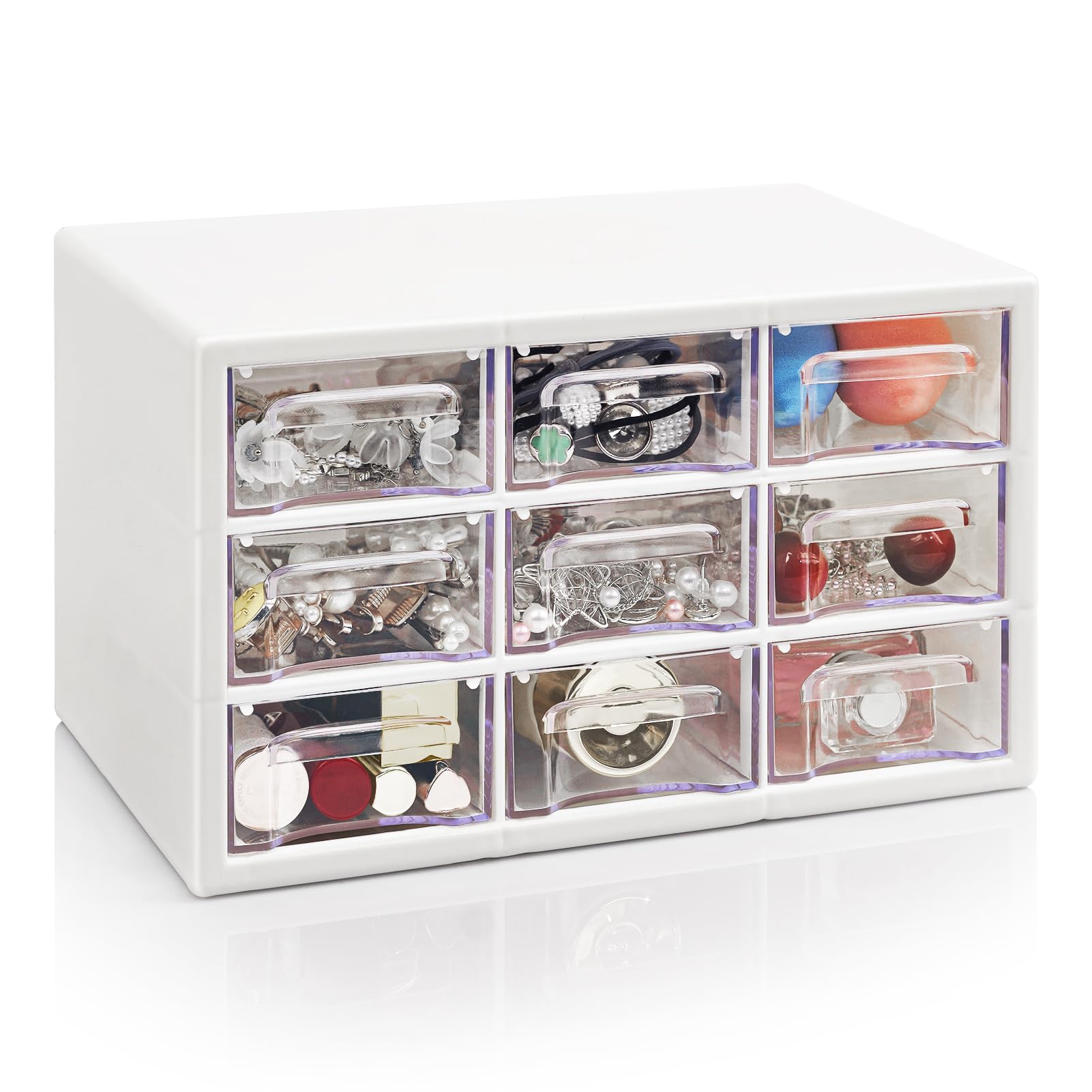 Photo 1 of Desk Storage Organizer with 9 Drawers, FODIENS Stackable Desktop Craft Drawer Cabinet, Clear Storage Box Caddy for Makeup Jewelry Office Craft Supplies (9.84×6.3×5.9in) (White)