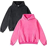 FAIABLE 2 Pack Acid Wash Oversized Vintage Unisex Heavyweight Distressed Cotton Fleece Washed Hoodie for Men Women Couples Streetwear College Black Pink